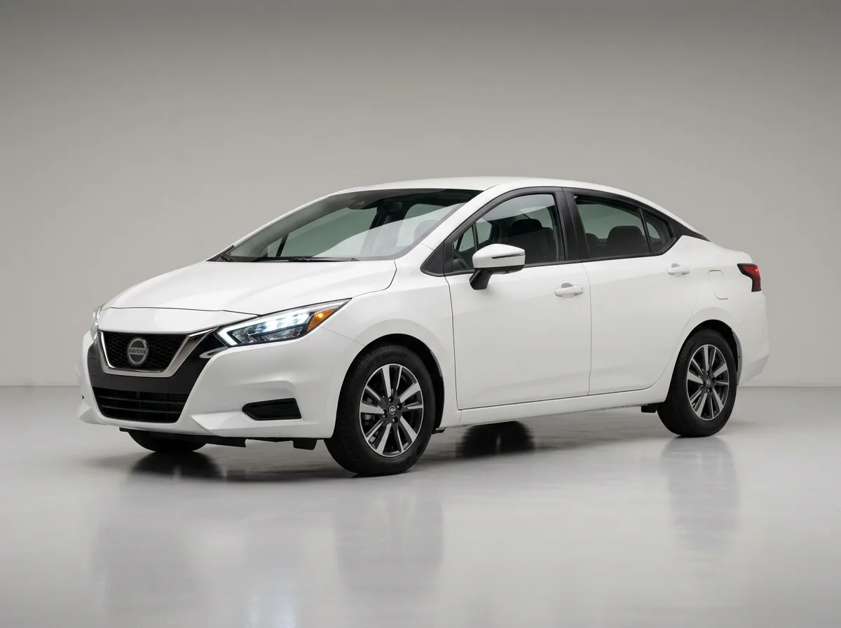 Compact sedan Nissan Versa white, front three-quarter view, neutral studio background