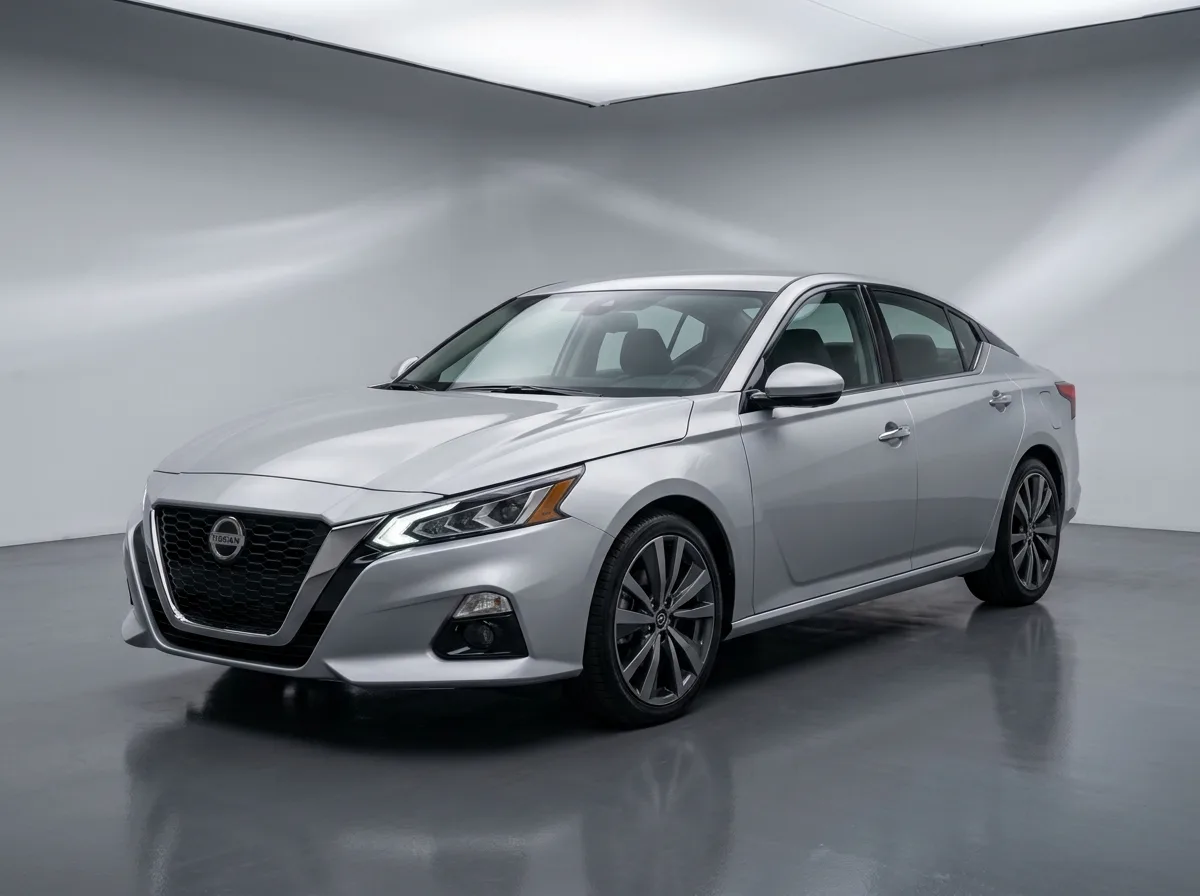 Full-size sedan Nissan Altima silver metallic, front angle view, soft studio lighting