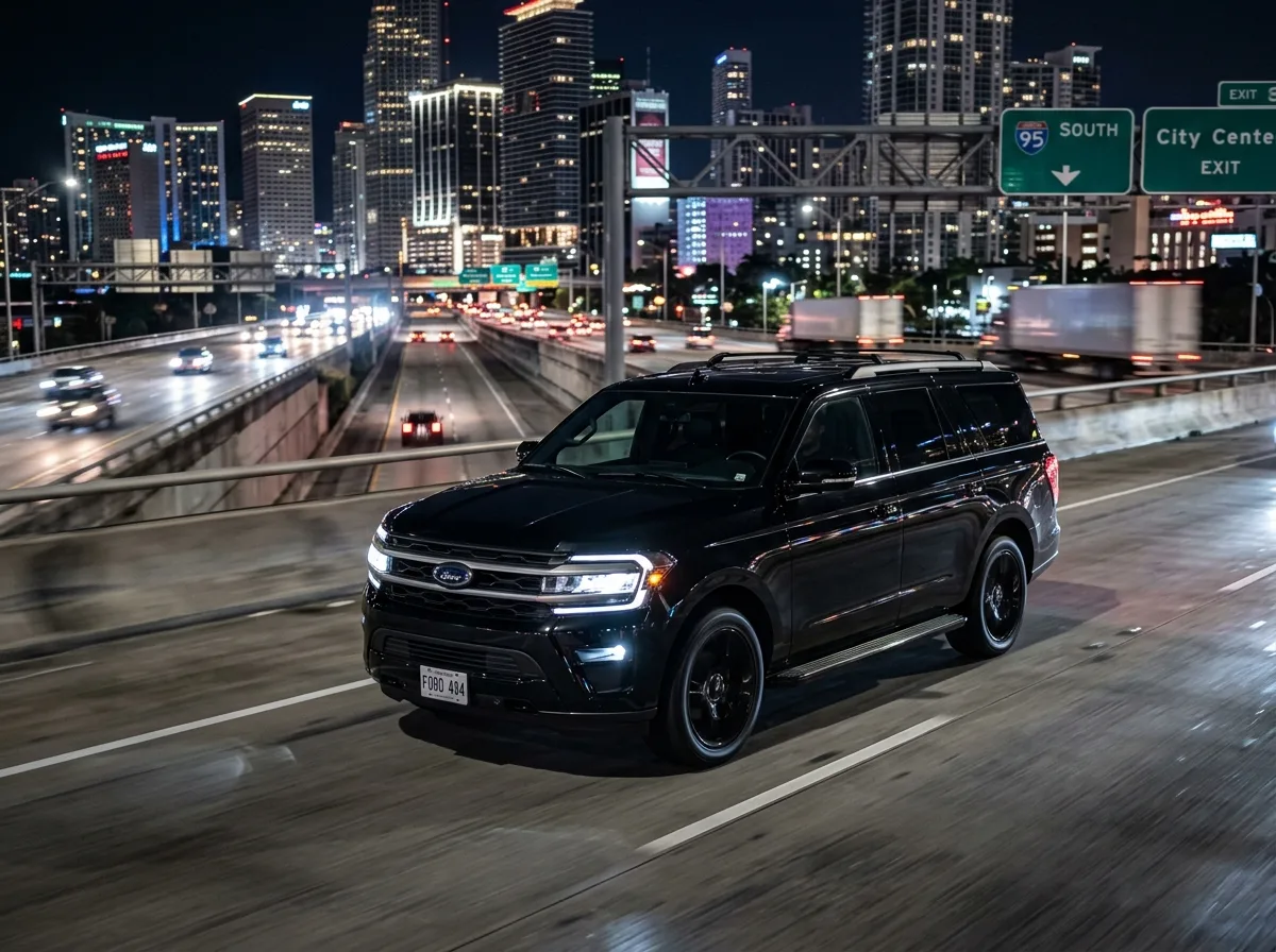 Ford Expedition full-size SUV black, front three-quarter view, urban highway backdrop, night lighting