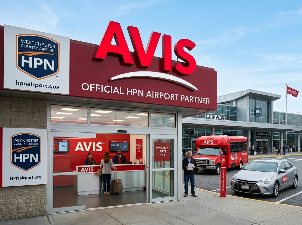 Avis Car Rental logo, red and white, official HPN airport partner