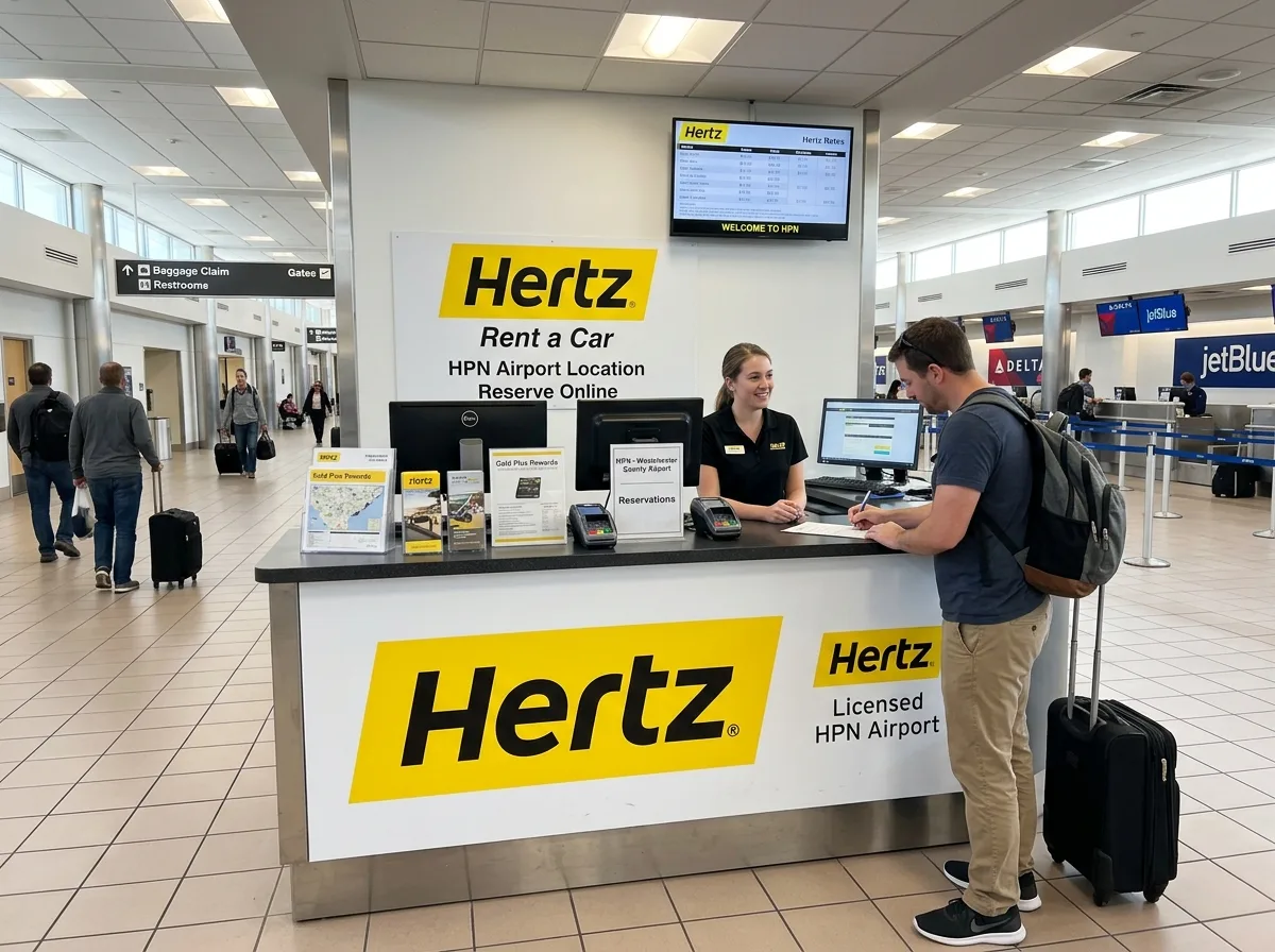 Hertz car rental yellow and black logo, licensed HPN airport terminal desk