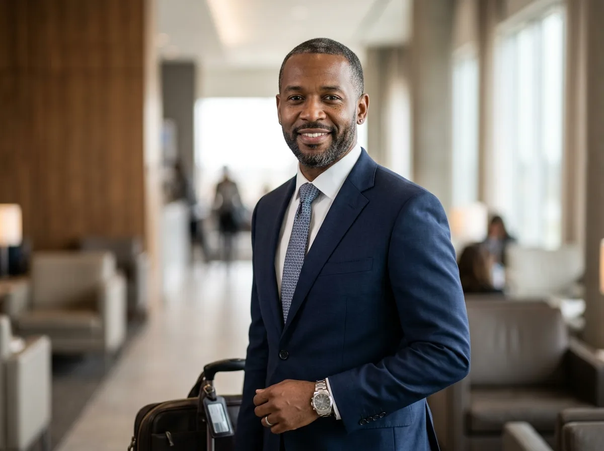 Portrait of Marcus T., business traveler, professional headshot, neutral background