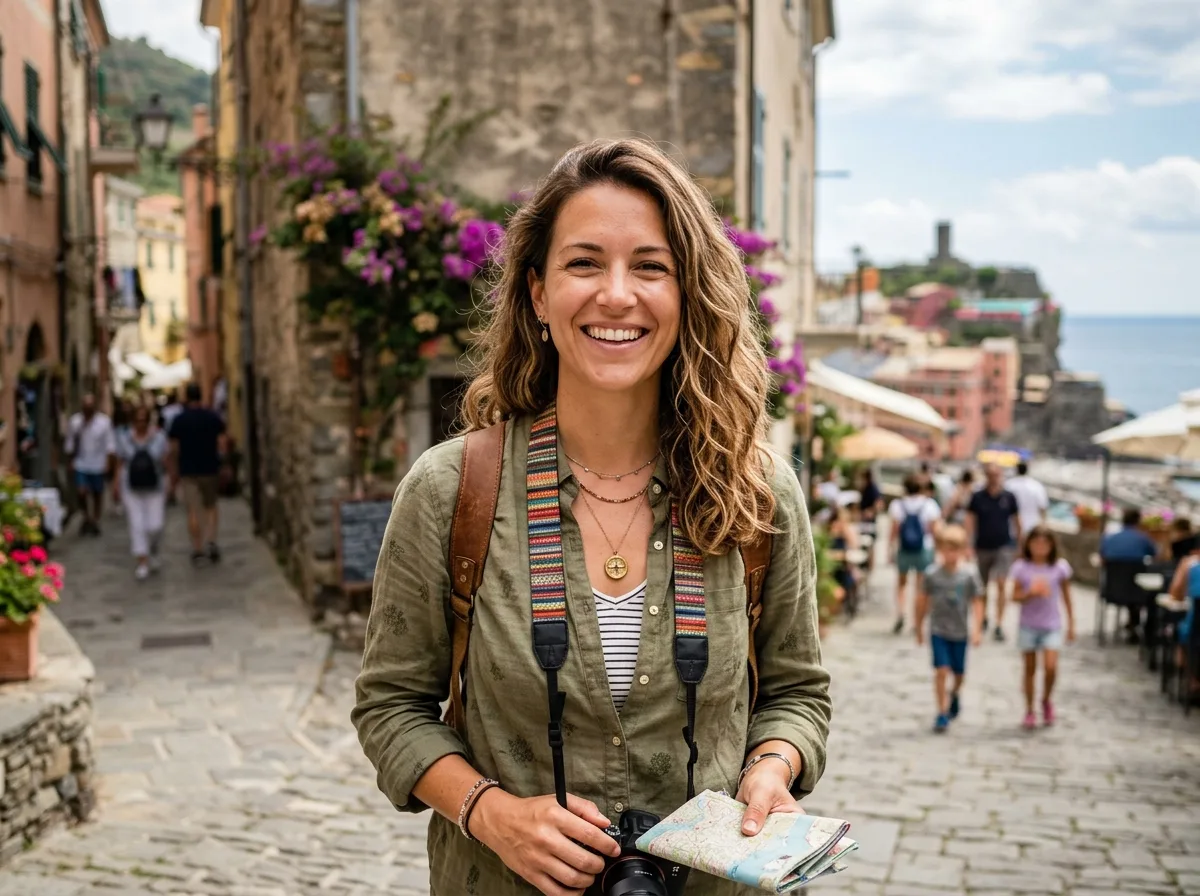 Portrait of Sandra K., family traveler, casual smile, outdoor setting