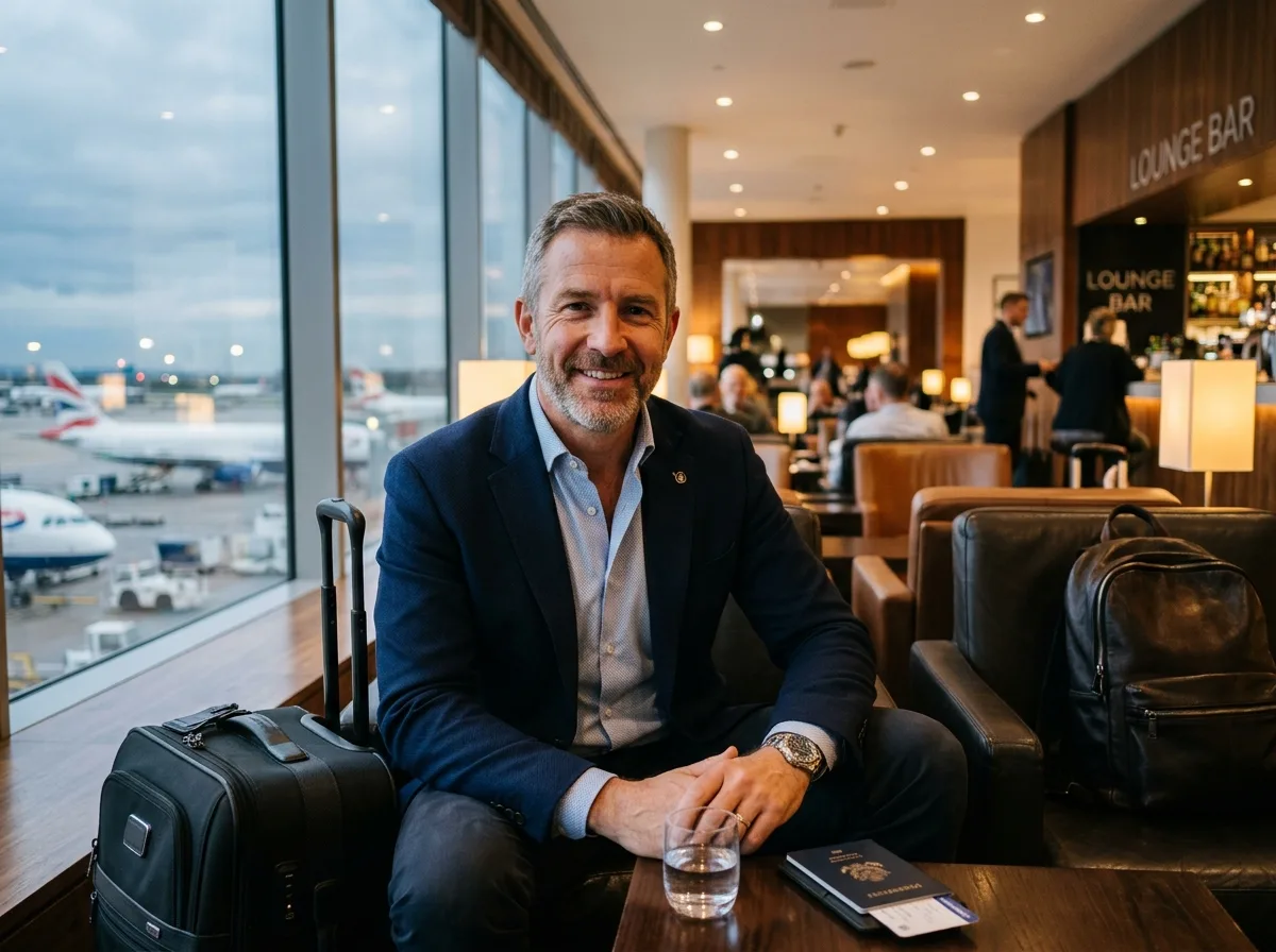 Portrait of Daniel R., frequent flyer, confident expression, airport lounge background