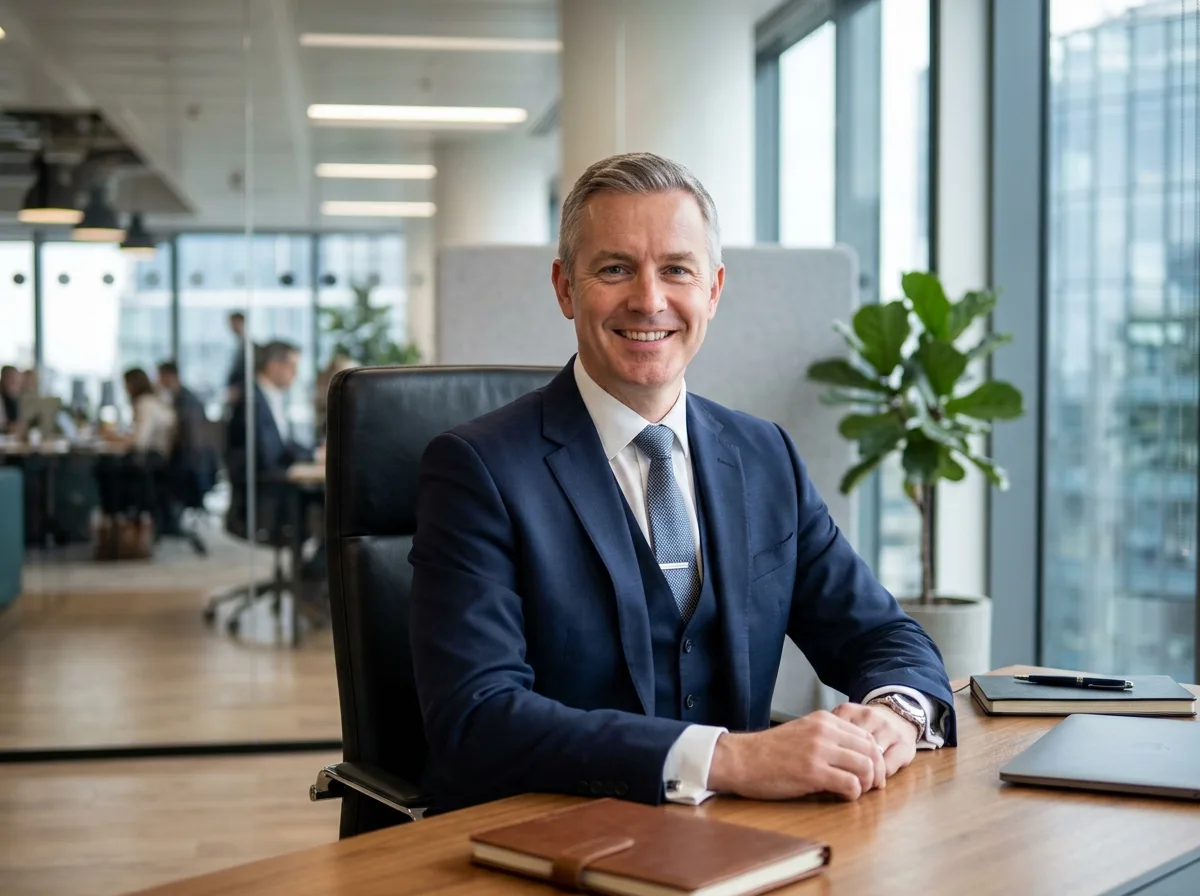 Portrait of James P., corporate client, business suit, modern office background