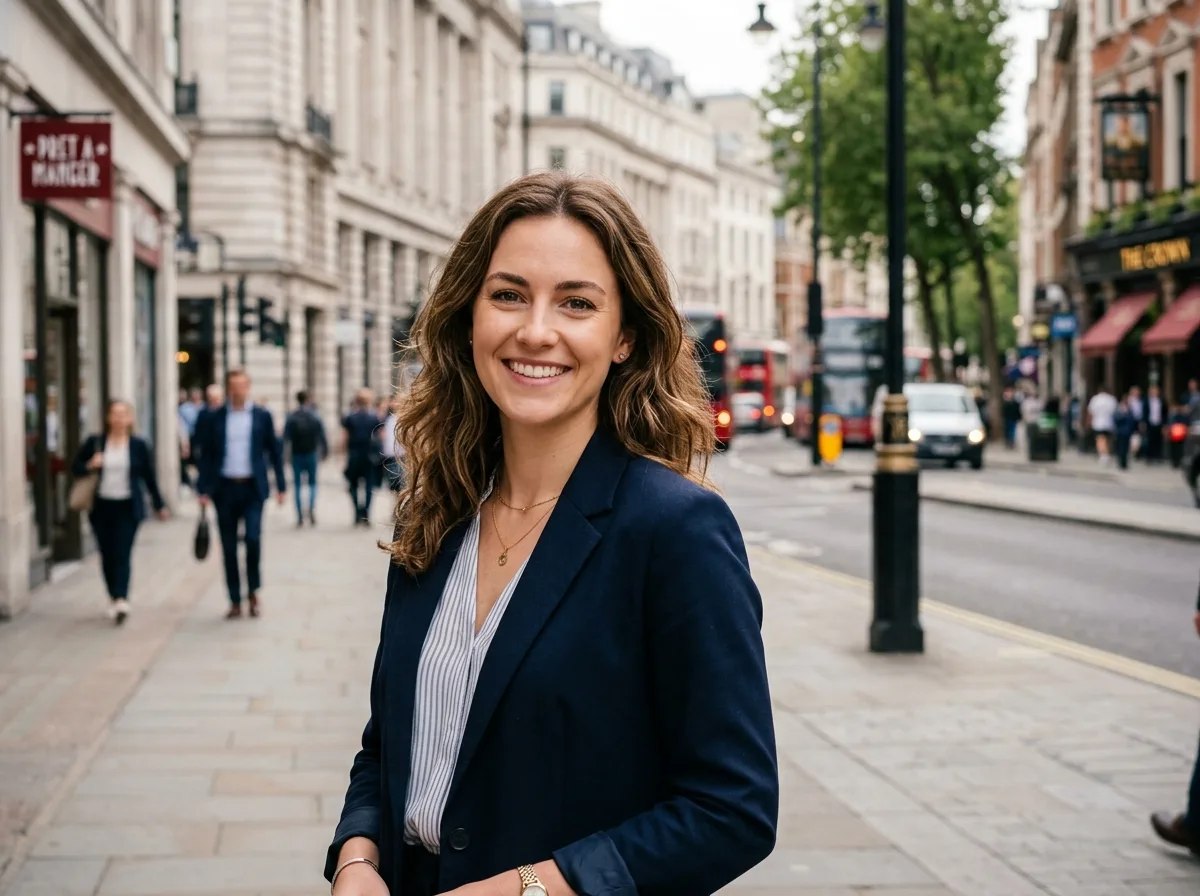 Portrait of Emily W., young professional, friendly smile, city background